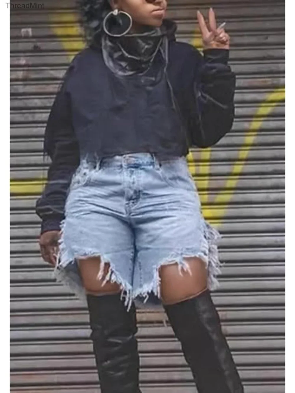 High Waisted Distressed Denim Shorts for Women, Ripped Fringe Long Baggy Jean